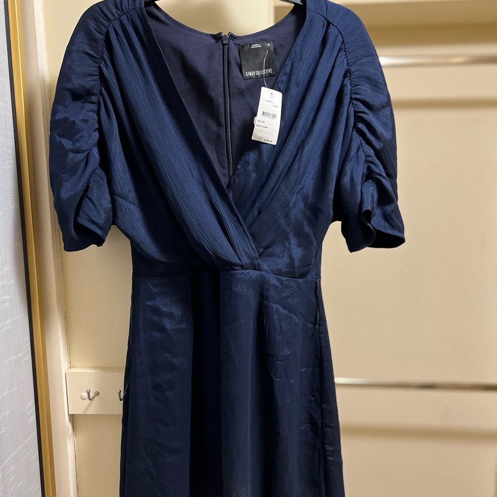 C/MEO Collective Navy Puff Sleeve V-Neck Sheath Dress